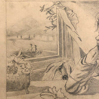 Marshall J. Rockwell Antique Pencil Drawings, Girl with Dogs and Portrait