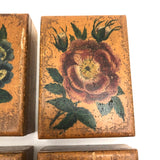 Lovely Set of Antique Bone Gaming Chips in Hand-painted Floral Boxes
