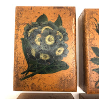 Lovely Set of Antique Bone Gaming Chips in Hand-painted Floral Boxes