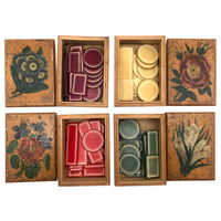 Lovely Set of Antique Bone Gaming Chips in Hand-painted Floral Boxes