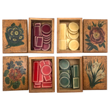 Lovely Set of Antique Bone Gaming Chips in Hand-painted Floral Boxes