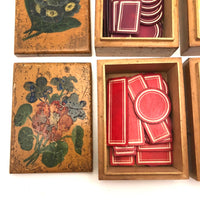 Lovely Set of Antique Bone Gaming Chips in Hand-painted Floral Boxes