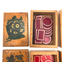 Lovely Set of Antique Bone Gaming Chips in Hand-painted Floral Boxes