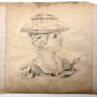 Marshall J. Rockwell Antique Pencil Drawings, Girl with Dogs and Portrait