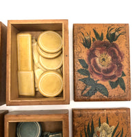 Lovely Set of Antique Bone Gaming Chips in Hand-painted Floral Boxes