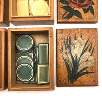 Lovely Set of Antique Bone Gaming Chips in Hand-painted Floral Boxes