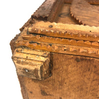 Marvelous Antique Tramp Art Box with Hearts Everywhere and Wallpaper Lining