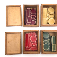 Lovely Set of Antique Bone Gaming Chips in Hand-painted Floral Boxes