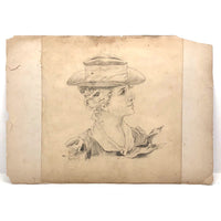Marshall J. Rockwell Antique Pencil Drawings, Girl with Dogs and Portrait