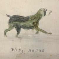 Double-sided Naive Watercolor and Pencil Drawing: The Hound / Women with Chickens