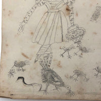 Double-sided Naive Watercolor and Pencil Drawing: The Hound / Women with Chickens