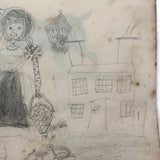 Double-sided Naive Watercolor and Pencil Drawing: The Hound / Women with Chickens