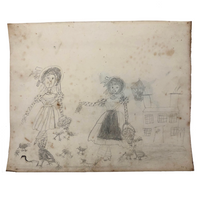 Double-sided Naive Watercolor and Pencil Drawing: The Hound / Women with Chickens