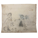Double-sided Naive Watercolor and Pencil Drawing: The Hound / Women with Chickens