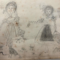 Double-sided Naive Watercolor and Pencil Drawing: The Hound / Women with Chickens