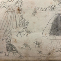 Double-sided Naive Watercolor and Pencil Drawing: The Hound / Women with Chickens
