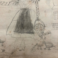 Double-sided Naive Watercolor and Pencil Drawing: The Hound / Women with Chickens