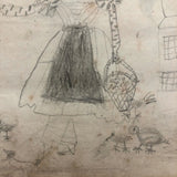 Double-sided Naive Watercolor and Pencil Drawing: The Hound / Women with Chickens
