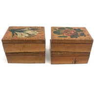Lovely Set of Antique Bone Gaming Chips in Hand-painted Floral Boxes