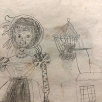 Double-sided Naive Watercolor and Pencil Drawing: The Hound / Women with Chickens