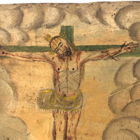 Antique Oil on Tin Jesus on Cross and Woman in Bed Mexican Ex Voto Retablo
