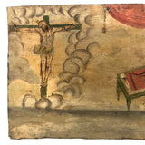Antique Oil on Tin Jesus on Cross and Woman in Bed Mexican Ex Voto Retablo