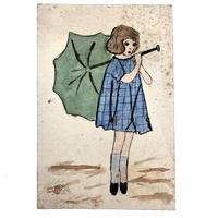 Girl in Blue Dress with Blue Umbrella Old Hand-painted Postcard