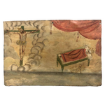 Antique Oil on Tin Jesus on Cross and Woman in Bed Mexican Ex Voto Retablo