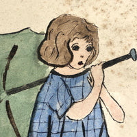 Girl in Blue Dress with Blue Umbrella Old Hand-painted Postcard