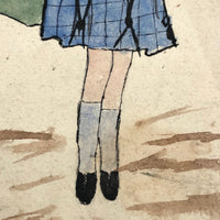 Girl in Blue Dress with Blue Umbrella Old Hand-painted Postcard