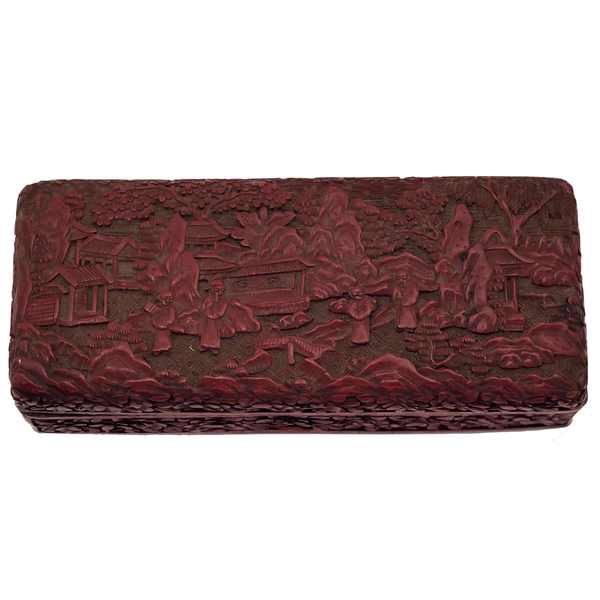 Antique Finely Carved Large Chinese Cinnabar Box with Blue Enameled Interior