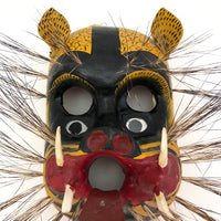 Mexican Vintage Hand-painted Wood Jaguar Dance Mask with Tusks and Quills