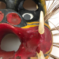 Mexican Vintage Hand-painted Wood Jaguar Dance Mask with Tusks and Quills