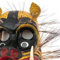 Mexican Vintage Hand-painted Wood Jaguar Dance Mask with Tusks and Quills