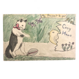 Cat with Football and Chick in Egg Handmade Vintage Postcard