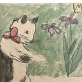 Cat with Football and Chick in Egg Handmade Vintage Postcard