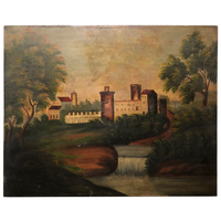 Wonderful Hudson River School Oil on Wood Panel with Farm, Waterfall