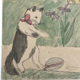 Cat with Football and Chick in Egg Handmade Vintage Postcard