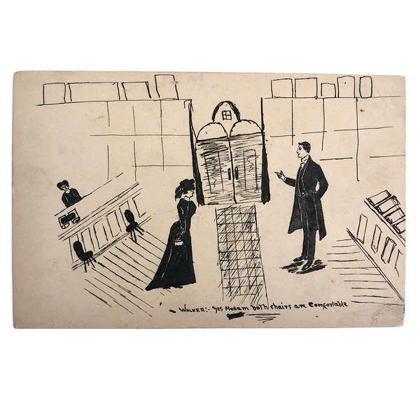 Hand-drawn Antique British Postcard, "Yes Madam Both Chairs Are Comfortable"