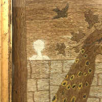 Folky Antique Crewelwork Perched Peacock with Birds and Ivy