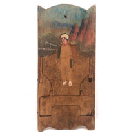 Unusual Hand-painted Old Wooden Pop-Out Wall Holder with Figure, Bridge, Mountains
