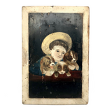 Boy in Hat with Dogs Victorian Era Painting on Wood Panel