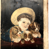 Boy in Hat with Dogs Victorian Era Painting on Wood Panel