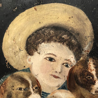 Boy in Hat with Dogs Victorian Era Painting on Wood Panel