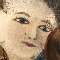 Boy in Hat with Dogs Victorian Era Painting on Wood Panel