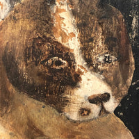 Boy in Hat with Dogs Victorian Era Painting on Wood Panel