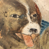 Boy in Hat with Dogs Victorian Era Painting on Wood Panel