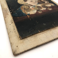 Boy in Hat with Dogs Victorian Era Painting on Wood Panel