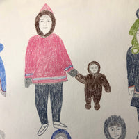 Large Signed Inuit Crayon and Graphite Drawing of Many Figures