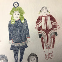 Large Signed Inuit Crayon and Graphite Drawing of Many Figures
